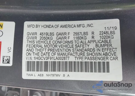 2020 Honda Accord Hybrid Touring из США, поврежденный, VIN 1HGCV3F91LA002877